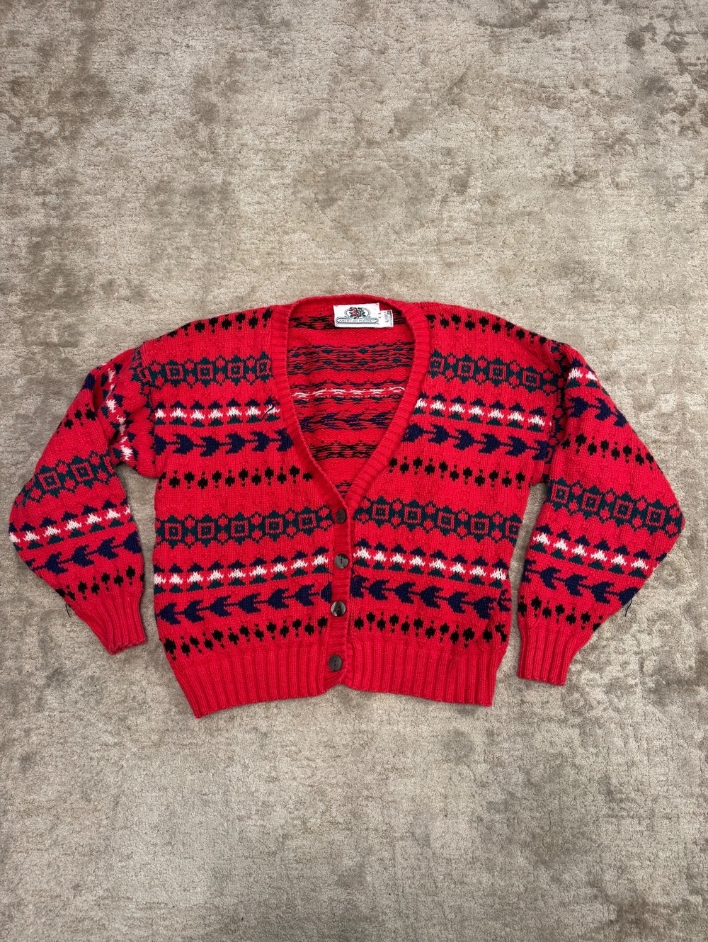 Vintage American Portrait Fair Isle Cardigan Sweater Red Nordic Womens L